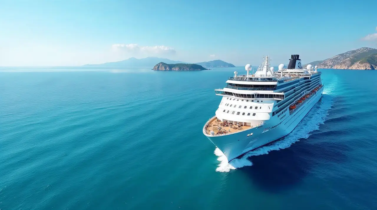 Cruise ship sailing through crystal clear waters